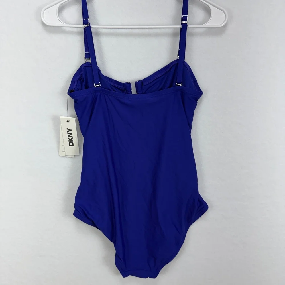 DKNY One Piece Swimsuit Women M Blue NWT Ruched Tummy Control Coastal Chic - Picture 4 of 7